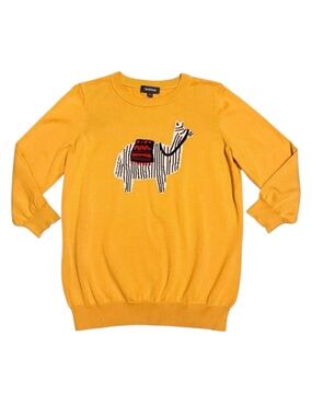 Anthropologie MODCLOTH Mustard Yellow Boom Baby Knit Llama Sweater Sz L *FLAWS